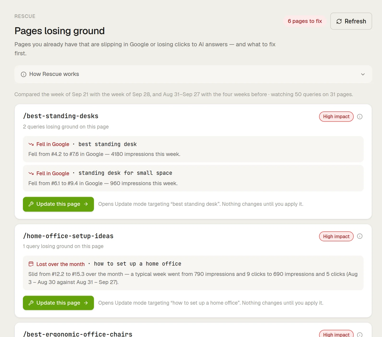 Rescue: pages losing ground, each with the queries that fell and an Update this page button.